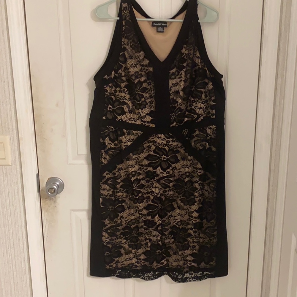 Chandelier Woman Black and Nude Lace VNeck Dress